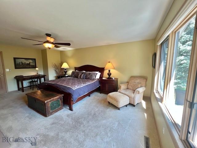 3 Gallatin Unit B, Bozeman, MT 59718 - bedroom featuring multiple windows, carpet floors, a ceiling fan, and access to outside