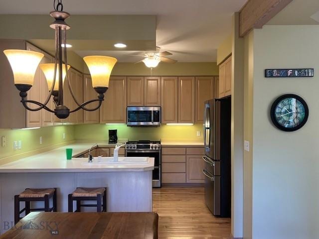 3 Gallatin Unit B, Bozeman, MT 59718 - kitchen with appliances with stainless steel finishes, a peninsula, a ceiling fan, light wood-style floors, and light countertops