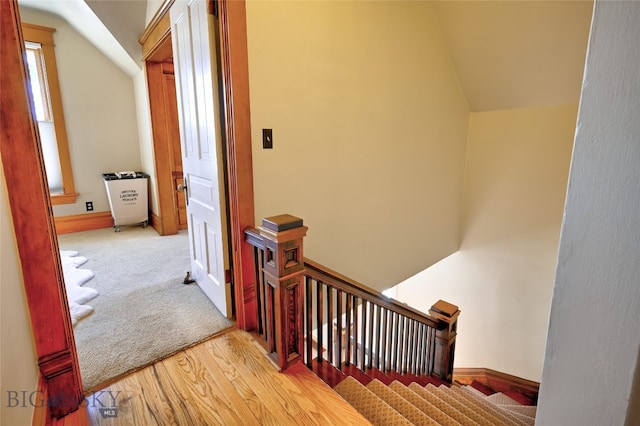 716 W Pine St, Missoula, MT 59802 - stairs featuring vaulted ceiling and wood finished floors