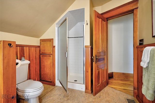 716 W Pine St, Missoula, MT 59802 - full bathroom with a shower stall and vaulted ceiling