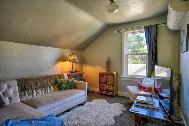 716 W Pine St, Missoula, MT 59802 - living room with vaulted ceiling, a wall mounted AC, carpet, plenty of natural light, and a textured ceiling