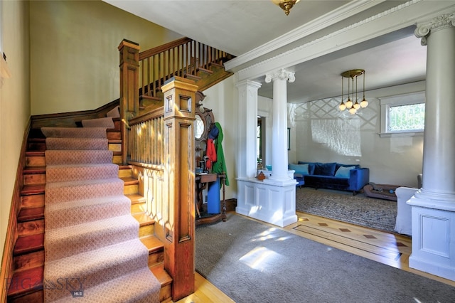 716 W Pine St, Missoula, MT 59802 - stairway featuring ornate columns and wood finished floors