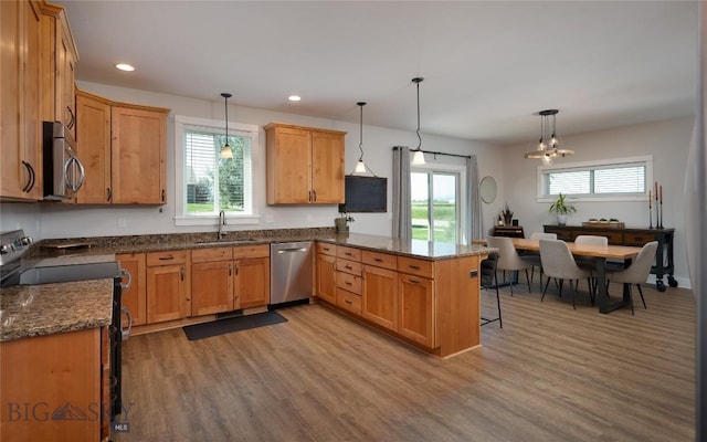 3090 Meah Ln, Bozeman, MT 59718 - kitchen featuring appliances with stainless steel finishes, a peninsula, wood finished floors, plenty of natural light, and recessed lighting