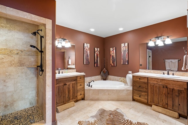58 Upper Moose Hill Rd, Big Sky, MT 59716 - full bath with a bath, a tile shower, two vanities, tile patterned floors, and recessed lighting