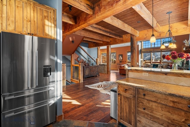 58 Upper Moose Hill Rd, Big Sky, MT 59716 - kitchen featuring appliances with stainless steel finishes, a wooden ceiling with exposed beams, a peninsula, brick floors, and backsplash