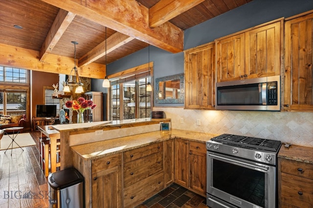 58 Upper Moose Hill Rd, Big Sky, MT 59716 - kitchen featuring stainless steel appliances, a wooden ceiling with exposed beams, brown cabinets, a peninsula, and backsplash
