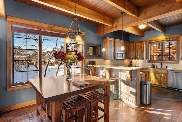 58 Upper Moose Hill Rd, Big Sky, MT 59716 - dining area featuring a wood ceiling with exposed beams and dark wood finished floors