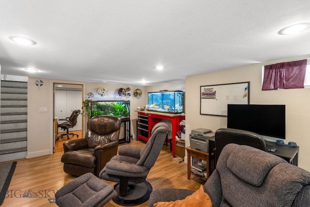 531 N Main St, Livingston, MT 59047 - living area featuring stairway, light wood-style flooring, and recessed lighting