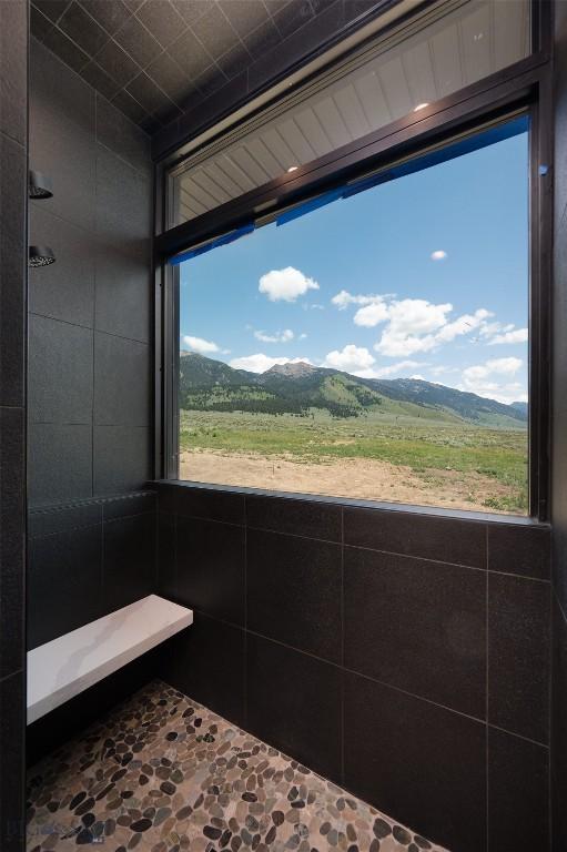 28 Elk Meadows Ranch Rd, Cameron, MT 59720 - bathroom featuring stone finish floors, a mountain view, and a tile shower