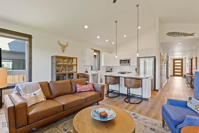 205 Albrey Trl Unit B, Bozeman, MT 59718 - living room featuring light wood-type flooring, recessed lighting, and high vaulted ceiling
