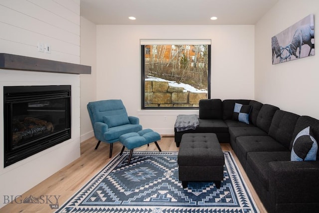 87 Upper Whitefish Dr, Big Sky, MT 59716 - living area with wood finished floors, recessed lighting, and a glass covered fireplace