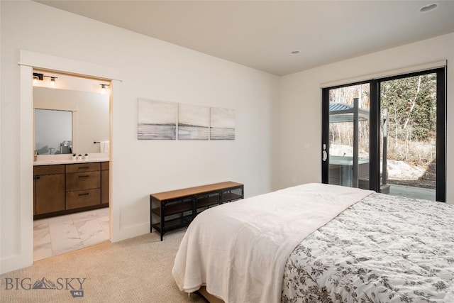 87 Upper Whitefish Dr, Big Sky, MT 59716 - bedroom with access to outside, ensuite bath, and light marble finish floors