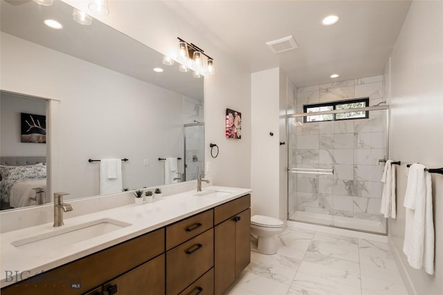 87 Upper Whitefish Dr, Big Sky, MT 59716 - bathroom with marble finish flooring, recessed lighting, double vanity, and a stall shower