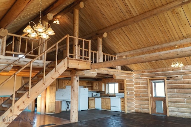 7223 Birdseye Rd, Helena, MT 59602 - unfurnished living room with a chandelier, rustic walls, dark wood-style flooring, a wood ceiling with exposed beams, and high vaulted ceiling