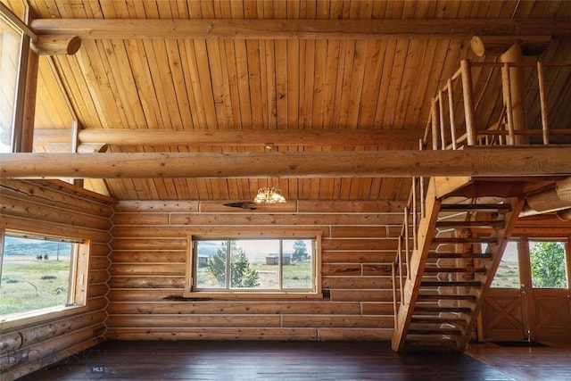 7223 Birdseye Rd, Helena, MT 59602 - unfurnished living room featuring dark wood-style flooring, a wooden ceiling with exposed beams, and rustic walls