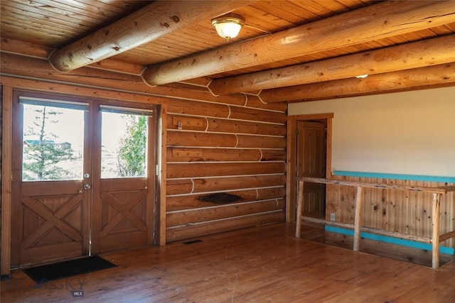 7223 Birdseye Rd, Helena, MT 59602 - foyer entrance featuring log walls, a wood ceiling with exposed beams, and wood-type flooring