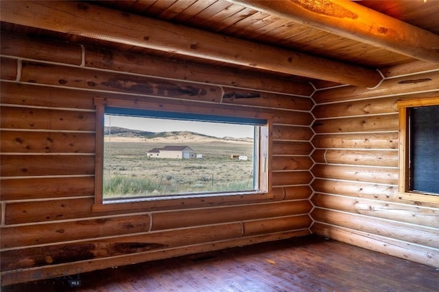 7223 Birdseye Rd, Helena, MT 59602 - empty room featuring rustic walls, dark wood finished floors, and beamed ceiling