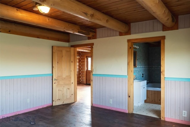 7223 Birdseye Rd, Helena, MT 59602 - unfurnished room with a wainscoted wall, dark wood-style flooring, and a wood ceiling with exposed beams