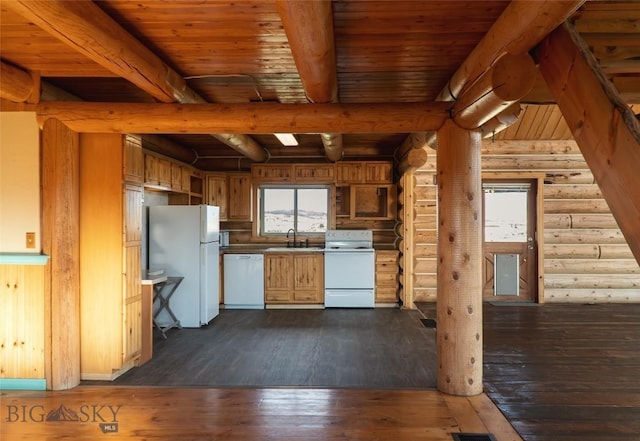 7223 Birdseye Rd, Helena, MT 59602 - kitchen featuring white appliances, log walls, dark wood-type flooring, and a wood ceiling with exposed beams