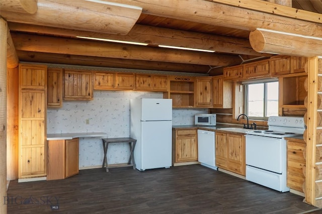 7223 Birdseye Rd, Helena, MT 59602 - kitchen with white appliances, open shelves, dark wood finished floors, and beamed ceiling
