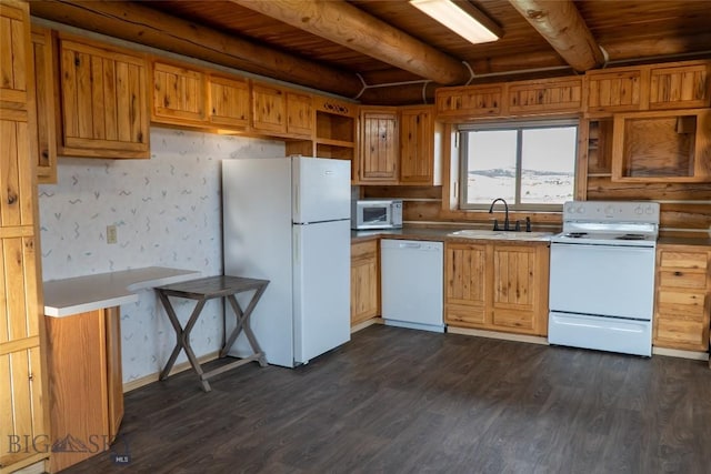 7223 Birdseye Rd, Helena, MT 59602 - kitchen with white appliances, dark wood-style floors, a wood ceiling with exposed beams, open shelves, and wallpapered walls