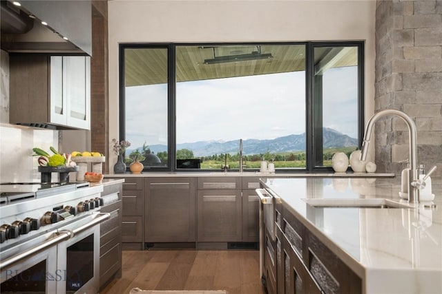 240 Horsetail Rd, Bozeman, MT 59715 - kitchen with double oven range, a mountain view, light wood-style floors, light countertops, and range hood