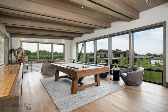 240 Horsetail Rd, Bozeman, MT 59715 - game room with billiards table, light wood-style flooring, and a wooden ceiling with exposed beams