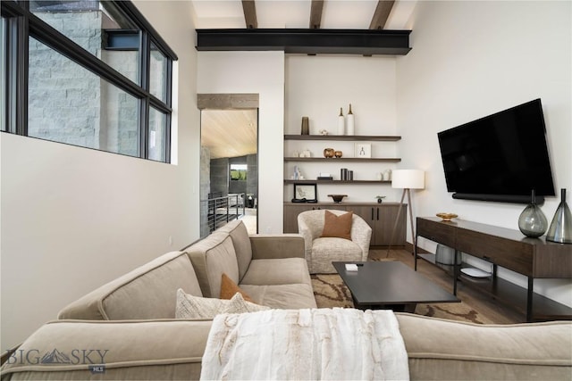 240 Horsetail Rd, Bozeman, MT 59715 - living room with wood finished floors and beamed ceiling