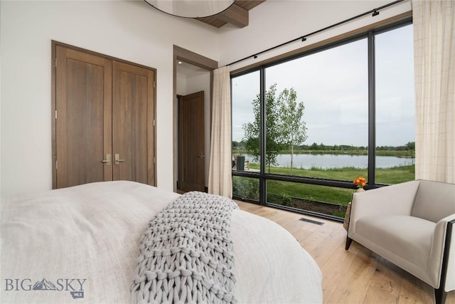 240 Horsetail Rd, Bozeman, MT 59715 - bedroom featuring light wood-type flooring and a water view
