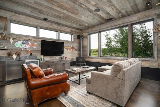 240 Horsetail Rd, Bozeman, MT 59715 - living area with wood ceiling, a wood stove, and recessed lighting