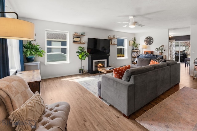 119 Meadow Brook Ln, Belgrade, MT 59714 - living area with ceiling fan, a glass covered fireplace, wood finished floors, and plenty of natural light