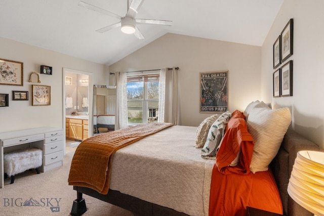 119 Meadow Brook Ln, Belgrade, MT 59714 - carpeted bedroom featuring lofted ceiling, ensuite bathroom, and a ceiling fan