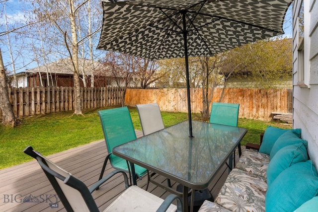 119 Meadow Brook Ln, Belgrade, MT 59714 - wooden terrace with outdoor dining space and a fenced backyard
