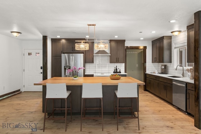 840 Damarell Rd, Bozeman, MT 59718 - kitchen featuring stainless steel appliances, wooden counters, dark brown cabinetry, decorative backsplash, and recessed lighting