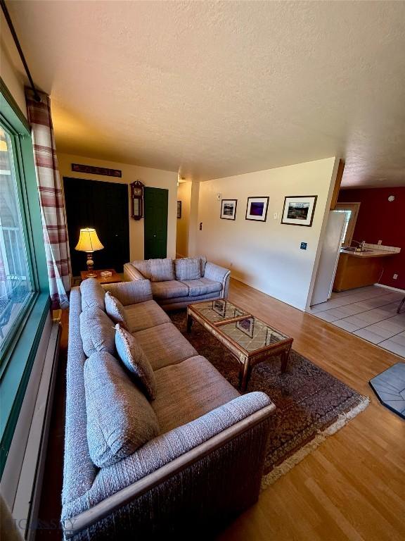 1364 Mcclellan Rd, West Yellowstone, MT 59758 - living room with a textured ceiling, wood finished floors, a baseboard radiator, and plenty of natural light