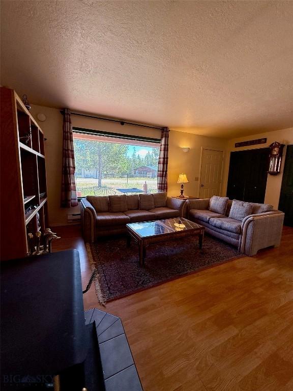 1364 Mcclellan Rd, West Yellowstone, MT 59758 - living room featuring a textured ceiling and wood finished floors