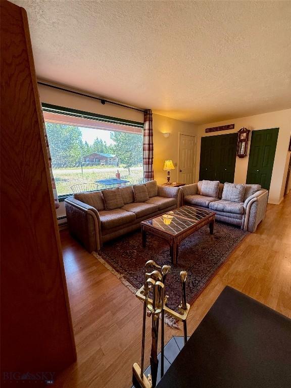 1364 Mcclellan Rd, West Yellowstone, MT 59758 - living area featuring a textured ceiling and wood finished floors