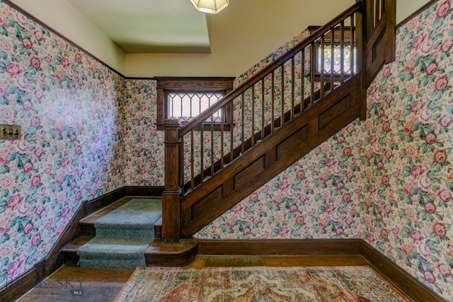 511 W Babcock, Bozeman, MT 59715 - stairs featuring wallpapered walls and wood finished floors