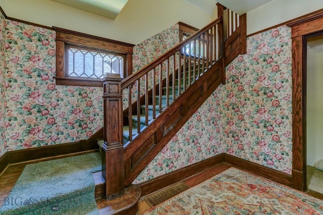 511 W Babcock, Bozeman, MT 59715 - staircase with wallpapered walls and baseboards