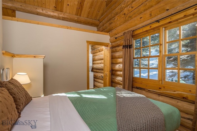 49824 Gallatin Rd, Big Sky, MT 59730 - bedroom featuring rustic walls and wooden ceiling