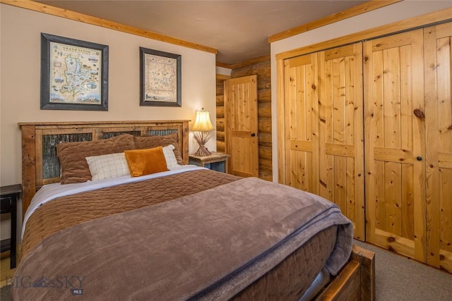 49824 Gallatin Rd, Big Sky, MT 59730 - carpeted bedroom with a closet and rustic walls