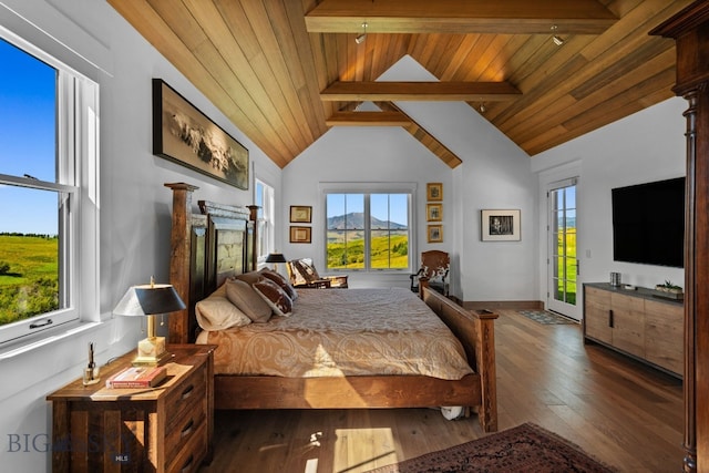 1878 Star Ridge Rd, Bozeman, MT 59715 - bedroom with a wooden ceiling with exposed beams, multiple windows, access to exterior, dark wood-style flooring, and high vaulted ceiling