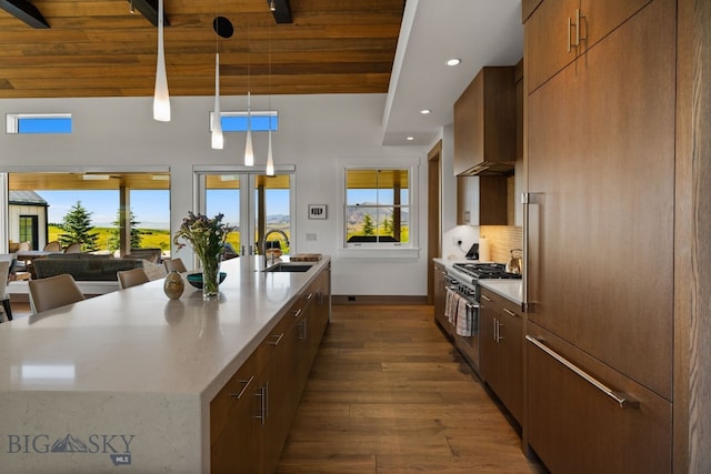 1878 Star Ridge Rd, Bozeman, MT 59715 - kitchen featuring premium appliances, modern cabinets, french doors, dark wood-style flooring, and recessed lighting