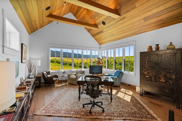 1878 Star Ridge Rd, Bozeman, MT 59715 - home office featuring a wooden ceiling with exposed beams, hardwood / wood-style flooring, and high vaulted ceiling