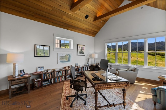 1878 Star Ridge Rd, Bozeman, MT 59715 - office space with healthy amount of natural light, wood-type flooring, a wooden ceiling with exposed beams, and high vaulted ceiling
