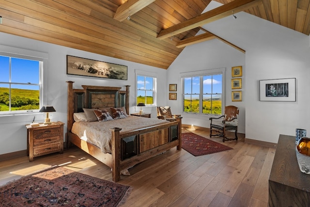 1878 Star Ridge Rd, Bozeman, MT 59715 - bedroom featuring multiple windows, wood-type flooring, a wood ceiling with exposed beams, and high vaulted ceiling