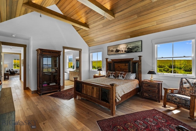 1878 Star Ridge Rd, Bozeman, MT 59715 - bedroom with a wood ceiling with exposed beams, hardwood / wood-style floors, high vaulted ceiling, and connected bathroom