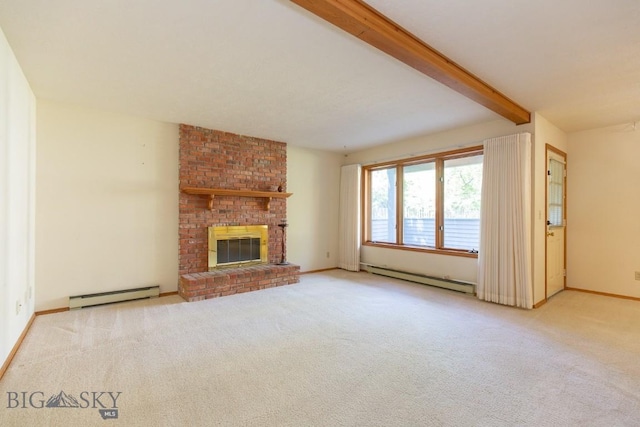 2200 W Dickerson Unit 46, Bozeman, MT 59718 - unfurnished living room with a baseboard heating unit, a baseboard radiator, carpet, beamed ceiling, and a fireplace