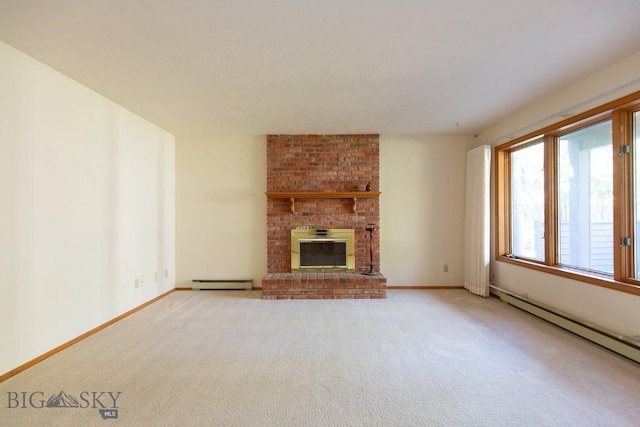 2200 W Dickerson Unit 46, Bozeman, MT 59718 - unfurnished living room with baseboard heating, light colored carpet, and a brick fireplace