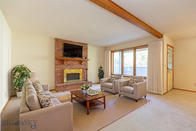 2200 W Dickerson Unit 46, Bozeman, MT 59718 - living room featuring light colored carpet, beamed ceiling, and a fireplace